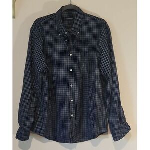 Land's End No Iron Twill Navy Blue Check Long Sleeve Button‎ Down Men's Large